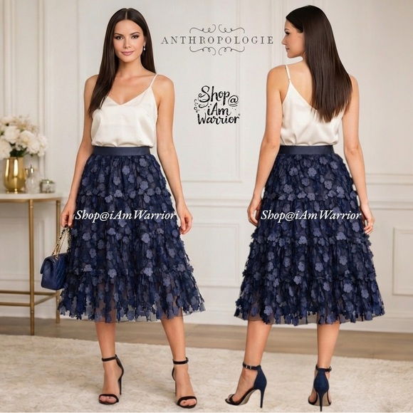 Anthropologie Eva Franco NWT navy floret tiered tulle skirt *shop@iamwarrior